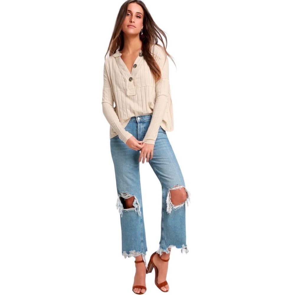 We The Free In The Mix Ribbed Ivory Raw Trim Long Sleeve Top Ladies Size Small